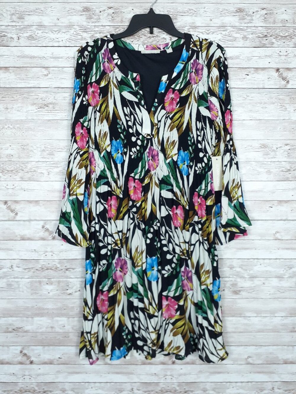 Sunny Leigh Pleated Floral Dress XL Bell Sleeve Stretch Lined Davina 936A